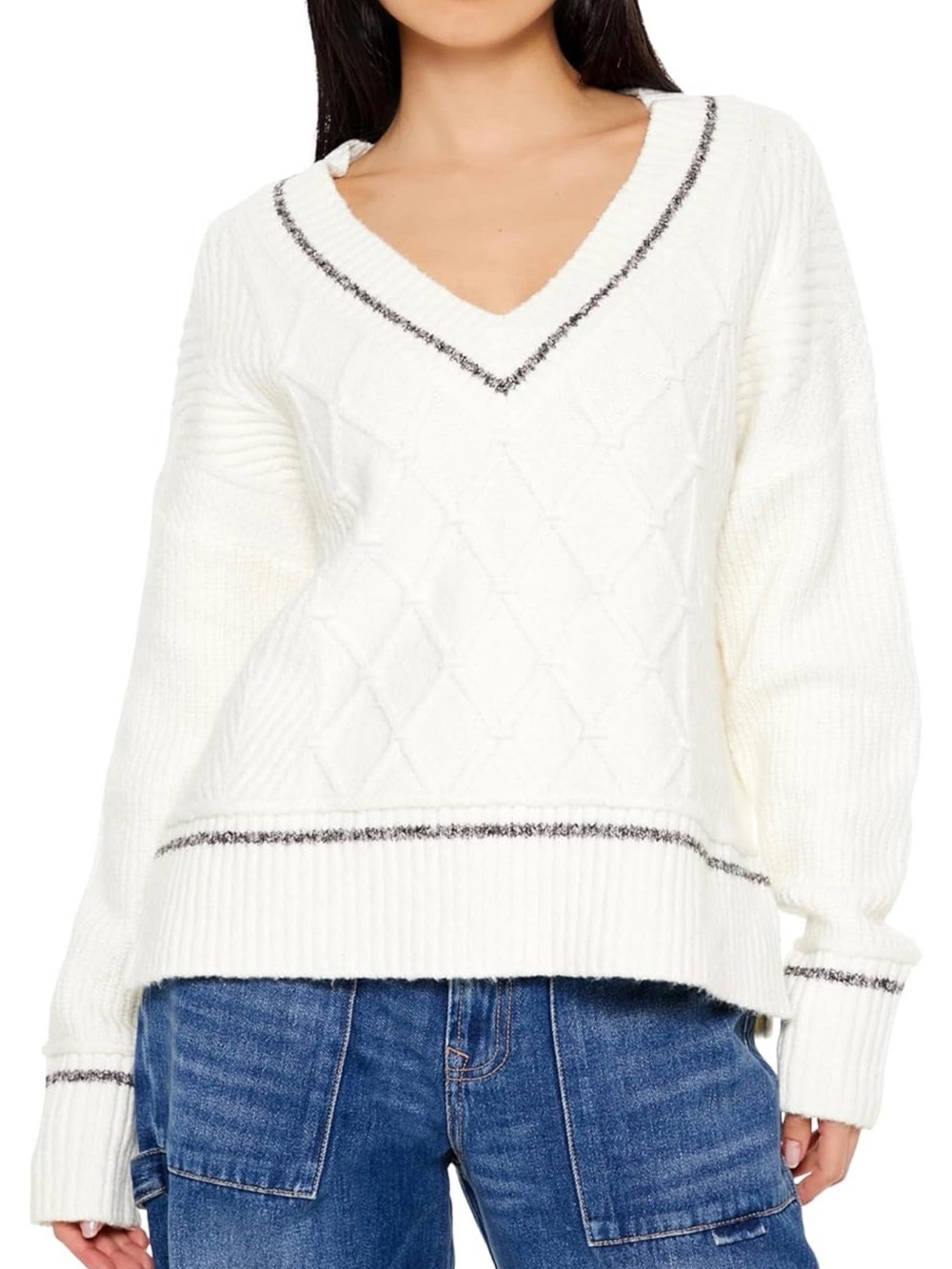 💙 Forever 21 White Cable Knit V-neck Sweater with Dark Gray Trim - XL (01327)